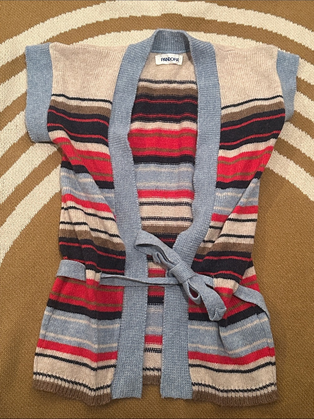 Pandora Striped Short-Sleeve Belted Cardigan - Red, Blue, Beige, Black, Brown